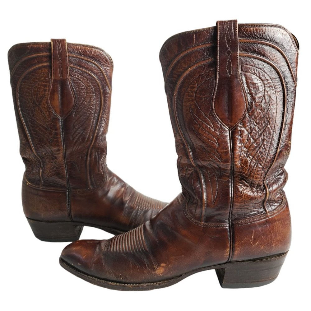 Lucchese Cowboy Western Tall Boots Brown Leather Rodeo Boot Size 14 Extra Narrow